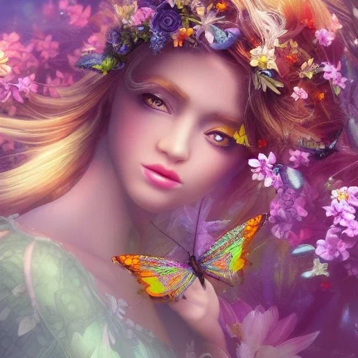  Beautiful and bright fairy of spring,delicate flowers, knees up portrait, butterfly, fantastical, intricate detail, splash screen, complementary colors, fantasy concept art, 8k resolution, Unreal Engine 5"