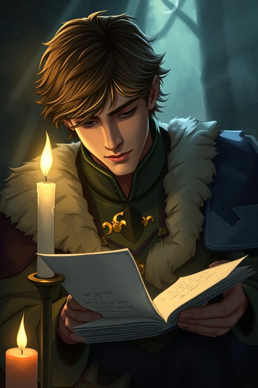 The prince secretly writing letters to his loyal friend or dreaming of freedom, the candlelight reflecting in his eyes.