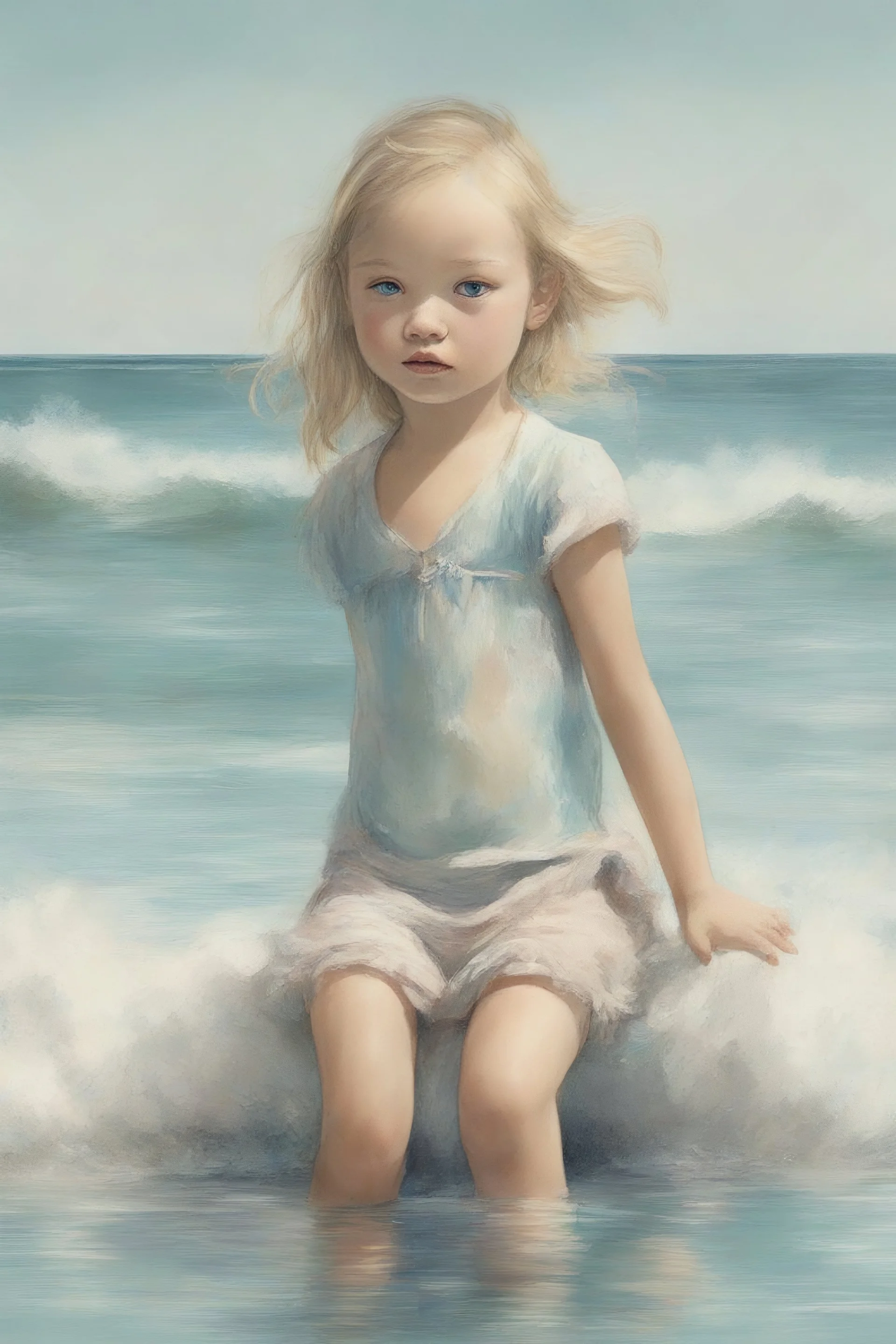 Illustration of model gemma ward as toddler,at the sea, bathing, style of Marcel Marlier, pastel colors