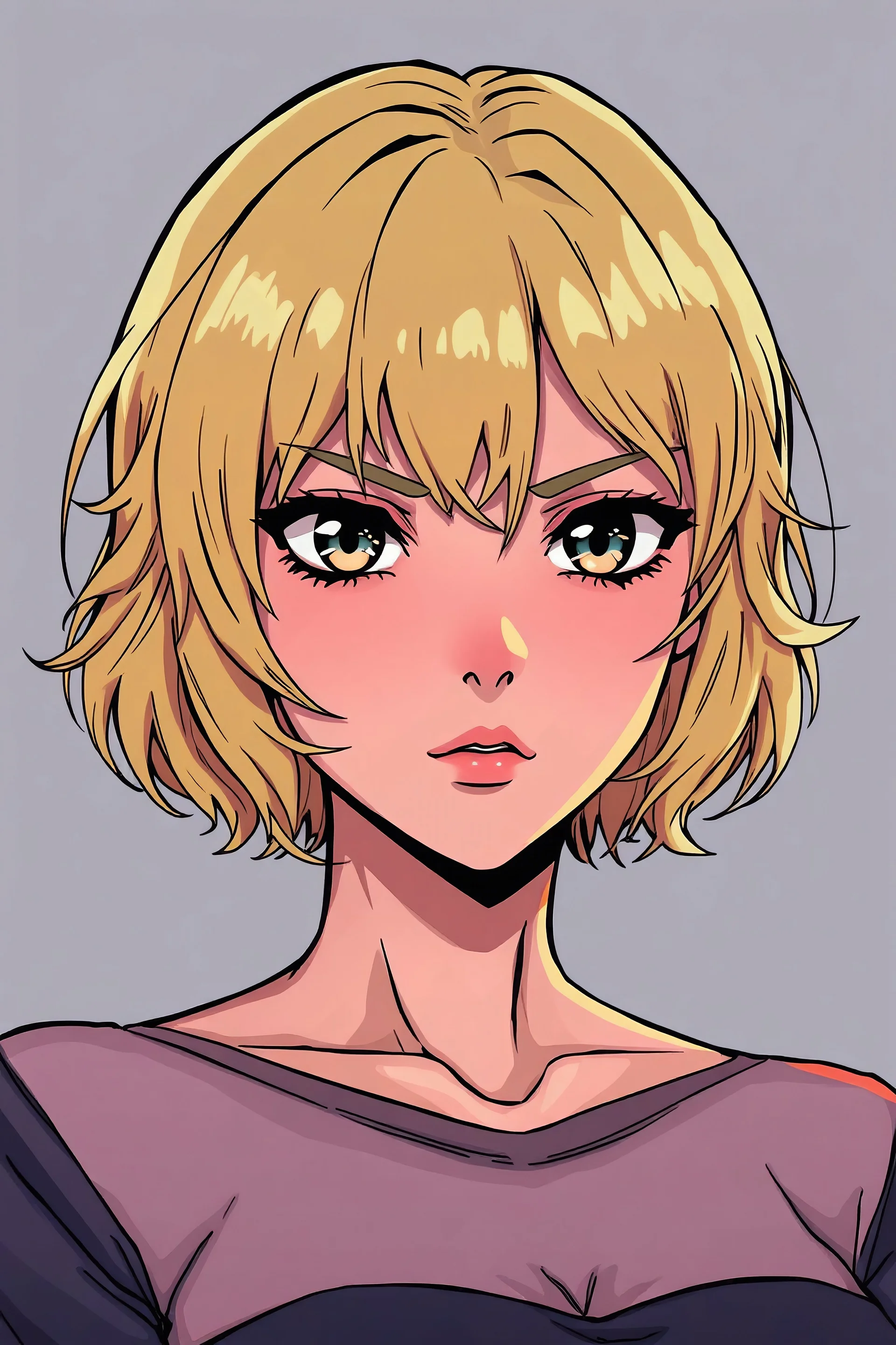 female, short and slightly wavy blonde hair, anime style, comic book style art, serious looking, well rendered colours