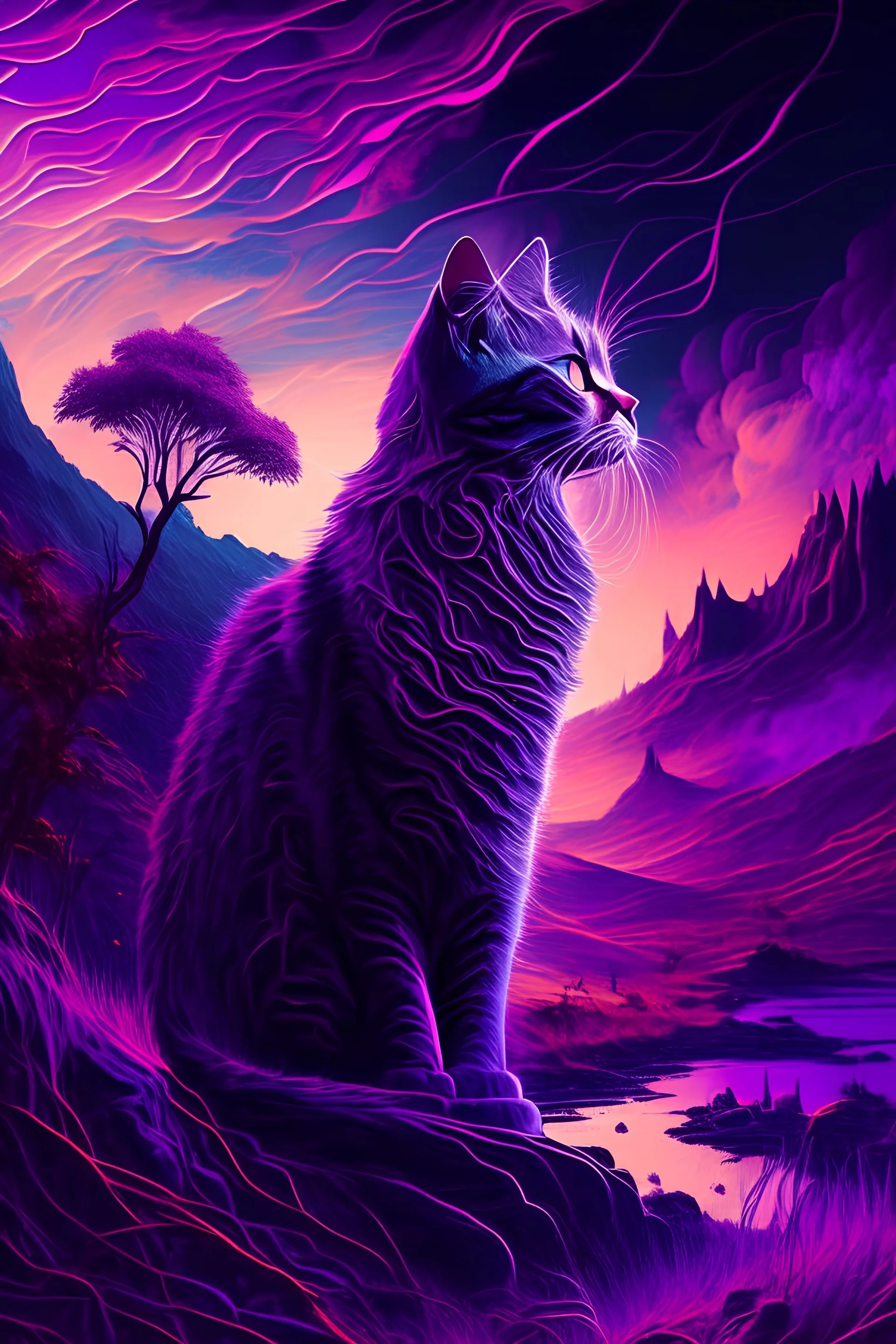majestic cat, psychedelic, violet tones, fantasy landscape