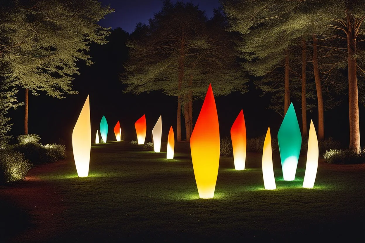 a garden with illuminated glass sculptures at night by sculptor "Lygia Pape",by artist "Lygia Clark"