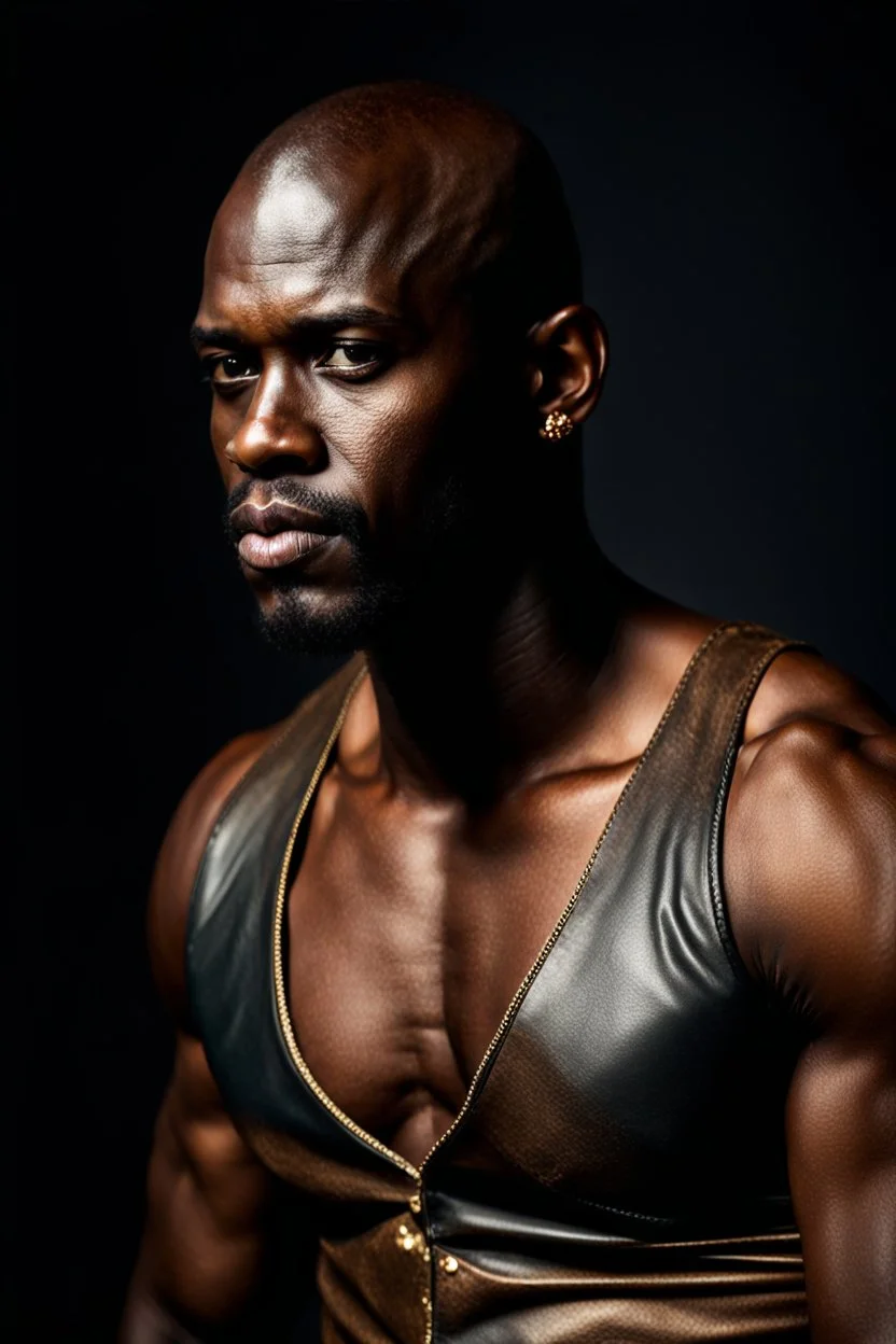 Portrait of a handsome dark skinned and muscular heavy set man with a shaved head and neatly trimmed beard. he is wearing a leather waistcoat and no shirt. he has a gold earing in his left ear