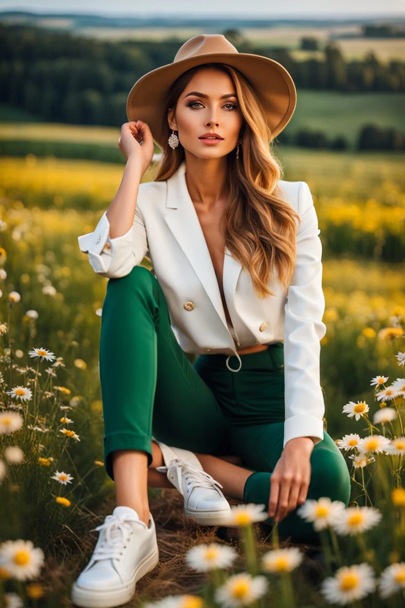 fullbody close up shot of young-beautiful-girl-with-a-perfect-face wearing pants and thight blouse and jacket spory shoes, country side green field flowers day lights