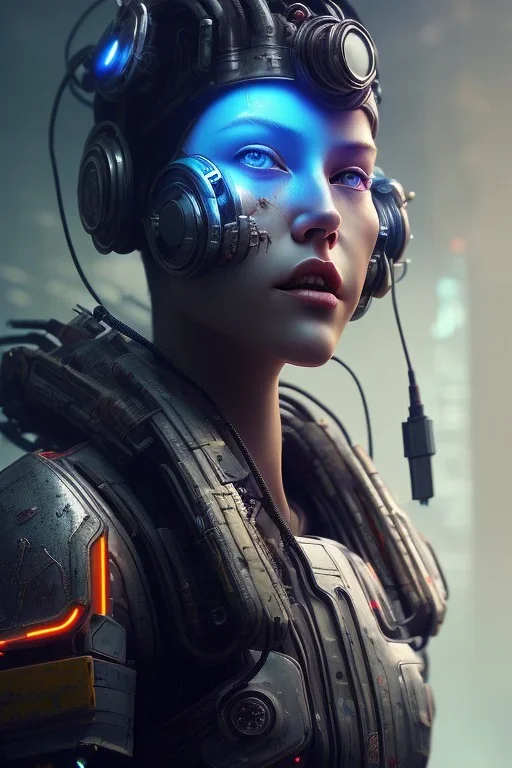 portrait post-apocalyptic robots in a cyberpunk city, realistic, intriacte detail, sci-fi fantasy style, volumetric lighting, particales,highly detailed,cinamatic, deep colours, junkyard,