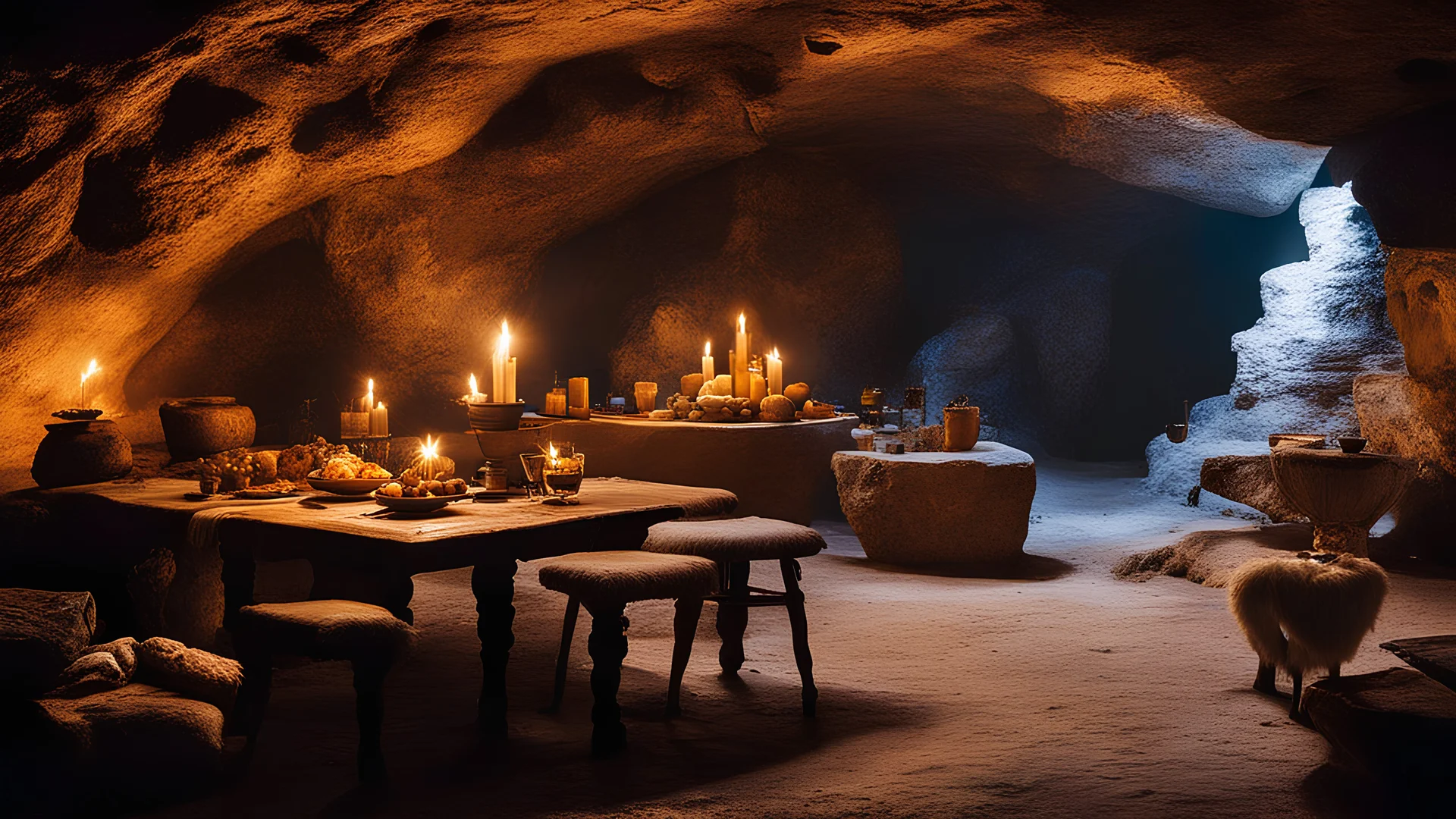 204, Inside a luxury ancient Neanderthal cave dwelling underground, beautiful furs, stone furniture, oil lamps, food and drink, primitive affluence, chiaroscuro, color, award-winning colour photograph, beautiful composition, detailed, realistic, confident beauty, strange