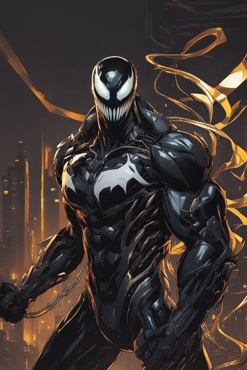 Venom mix with machine in solo leveling shadow artstyle, cyberpunk them, intricate details, highly detailed, high details, detailed portrait, masterpiece,ultra detailed,best quality