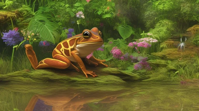 screenshot of a smartphone game, horizontal display, start screen, rear shot of a stylized and happy young brown frog with black stripes in its natural habitat at sunset, plain with wetlands, ravines, river with water hyacinth, ceibos and willows, dragonflies, beetles, dewdrops, cartoon atmosphere, digital art