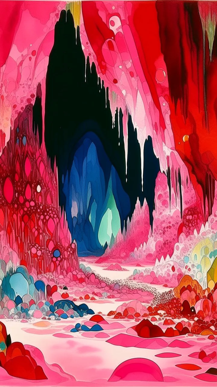 A pink cavern with crystals designed in Bayeux tapestry painted by Alexej von Jawlensky