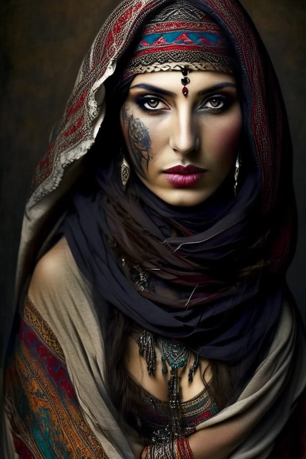 full-body photo of A beautiful Russian Gypsy-woman, middle-eastern, tattoo on face , veil, gypsy scarf