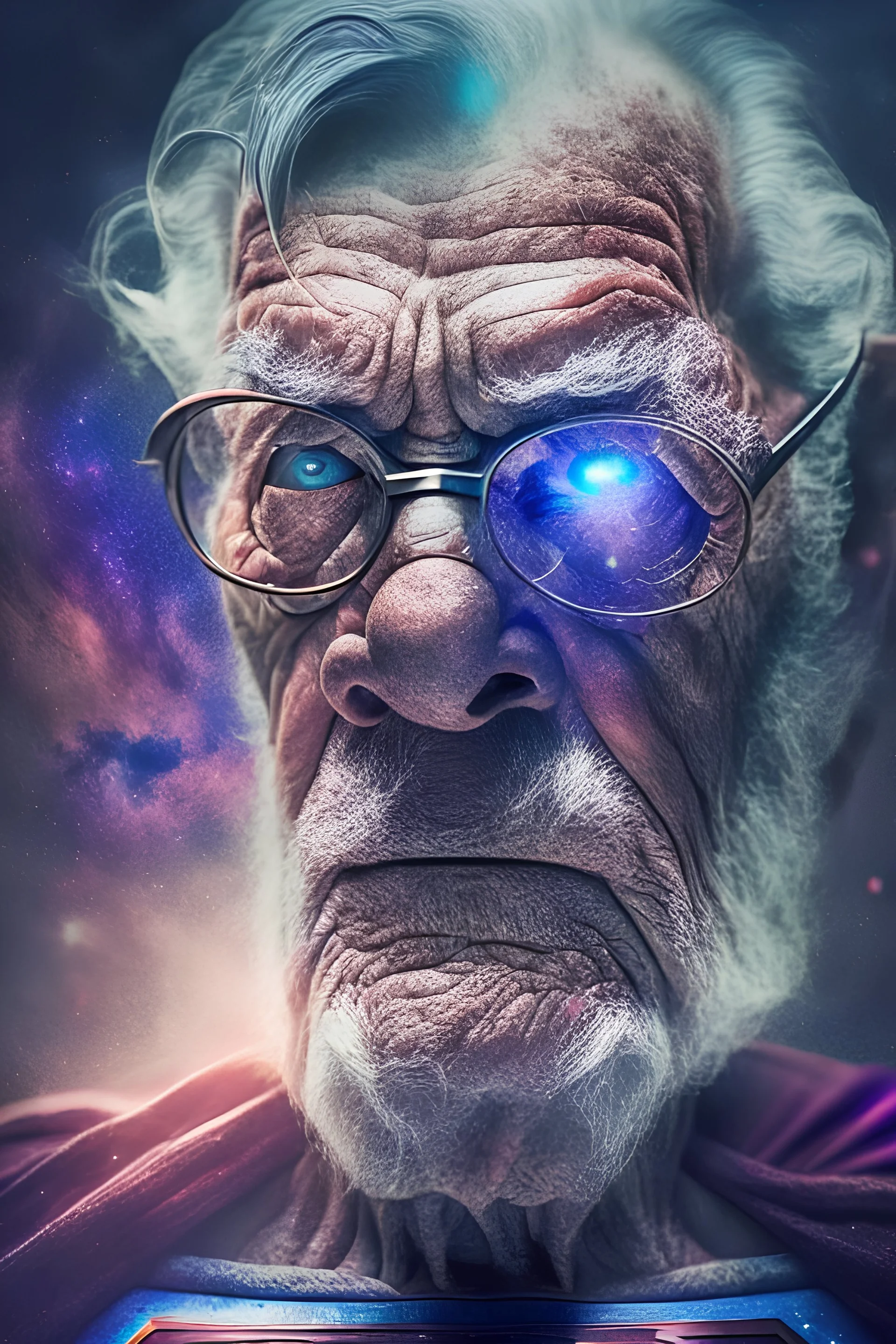 an old man with big gray eyes waring superman custom flaying in galaxy background