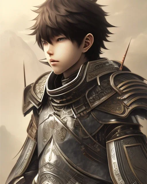 Detailed anime boy, dark brown hair, black and red scale armour, intricate details, full body portrait, keep head in frame, slight smile, black Japanese motif, concept art, highly detailed, digital painting, concept art, sharp focus, illustration, art by Yoji Shinkawa, WLOP and greg rutkowski and alphonse mucha and artgerm and yanjun Chen and Junji ito and Makoto Shinkai, HDR, octane render