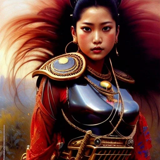 portrait beautiful face 'Female Rider on Akira Bike(1988)',busty,ancient metal armor balanciaga fashion clothe painting by gaston bussiere, greg rutkowski, yoji shinkawa, yoshitaka amano, tsutomu nihei, donato giancola, tim hildebrandt, oil on canvas, cinematic composition, extreme detail,fit full head inside picture,16k