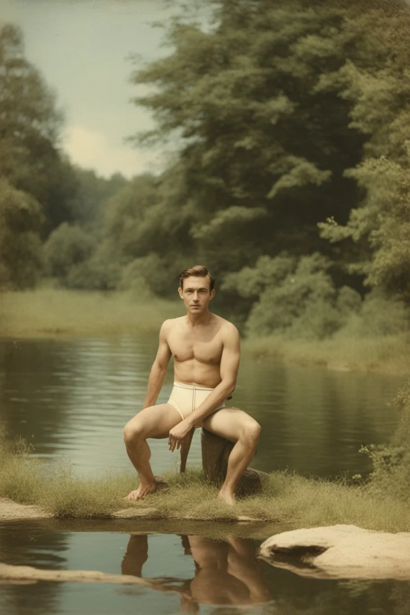 [vintage] A man in swimsuit around a pond