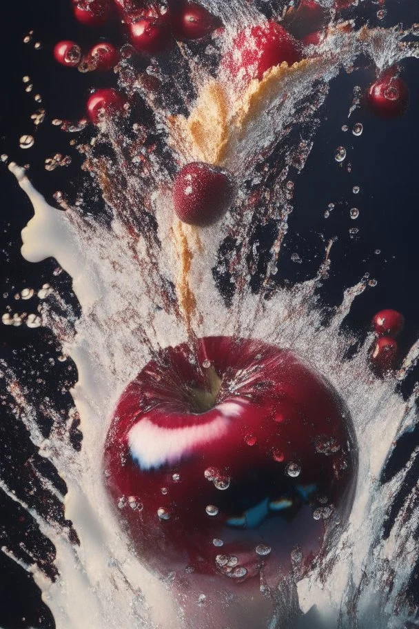 Explosion, splash, cherry is falling into the water, close up, water is splashing radially, centered, perfect composition, vogue style, Creative food photography, softbox, trending on art station, sharp focus, studio photo, intricate details, highly detailed, by Greg Rutkowski, fashion magazine cover