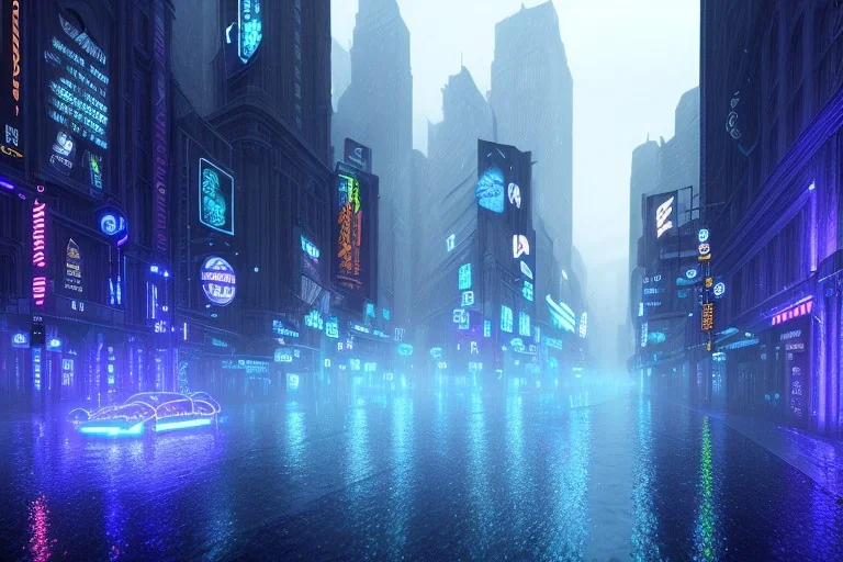 Atmospheric, night, city, dark, unsafe, rain, high level of detail, high definition, blue neon, blue lights, blender 3d