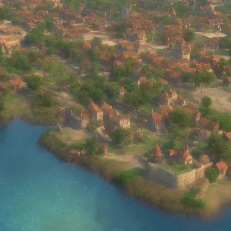 A small medieval coastal town next to a large river