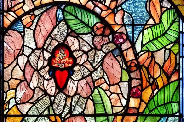 Lilith, Goddess, tropical flowers, stain glass window, heart drawing, crystals, tropical leaves, sacred altar, Fantasy home.