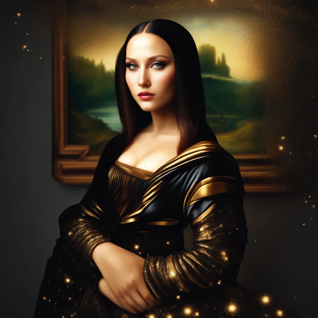 Imagine Mona Lisa as a modern girl, modern suit, tie, tuxedo, lifting effect makeup, nude lips, glitter - glitter, full color eyelids, ultra quality, hyper detailed, digital art, 8k