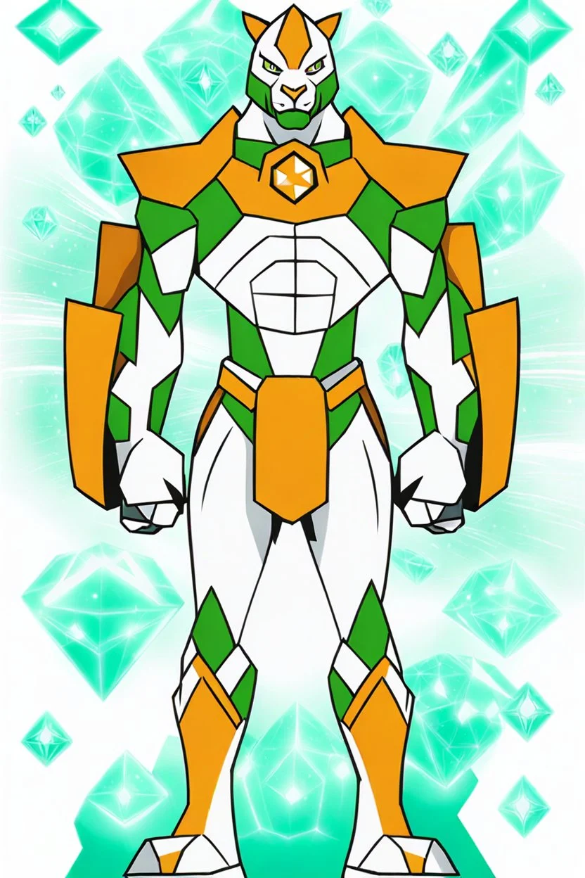 A new space creature from Ben 10 cartoon. Strong and graceful. From the White Tiger faction. Advanced hybrid metal golem. And the diamonds. He has a glowing green tattoo in the shape of old magic words