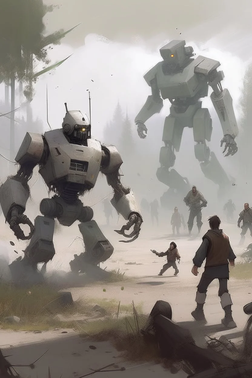 scena di combattimento con robot stile Jakub Rozalski