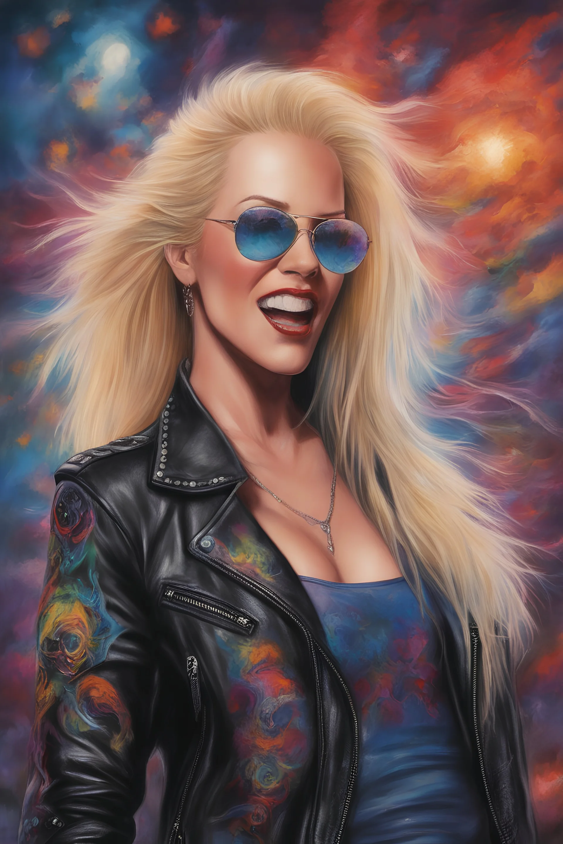 head and shoulders image, Lita Ford - Kiss Me Deadly - Reptilian-skinned - Ray-Ban sunglasses - Motley Crue - gothic pale-skinned vampire, Painting with fire and multicolored electrified cosmic clouds, by Hoy Tong Lu - Multicolored lightning -a smiling, long, blonde hair, blue eyes, goth makeup, black leather biker's jacket, black leather pants, combat boots, black fingerless gloves, sitting on in the forest next to a fire,