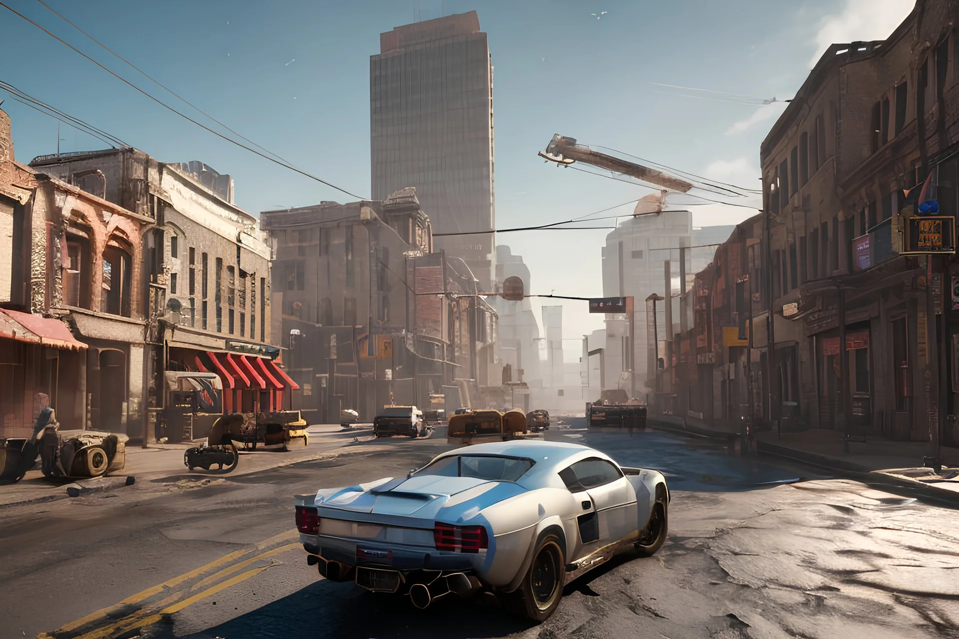 Building focus, best quality, [cg unreal engine v5],(((ultra detailed))), 4k wallpaper, (masterpiece) Portrait of Seneca Missouri, city street, cyberpunk 2045, small town