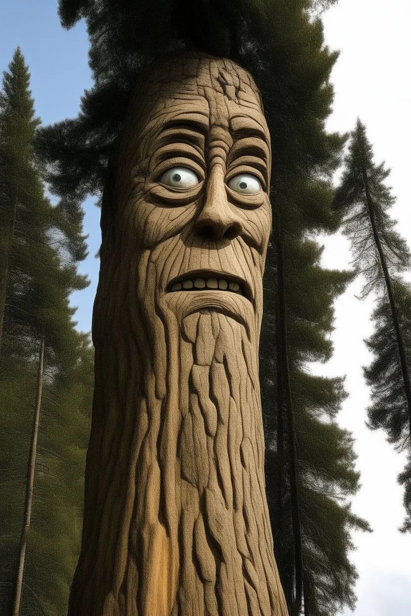 A tall pine tree with a human-like face that can talk