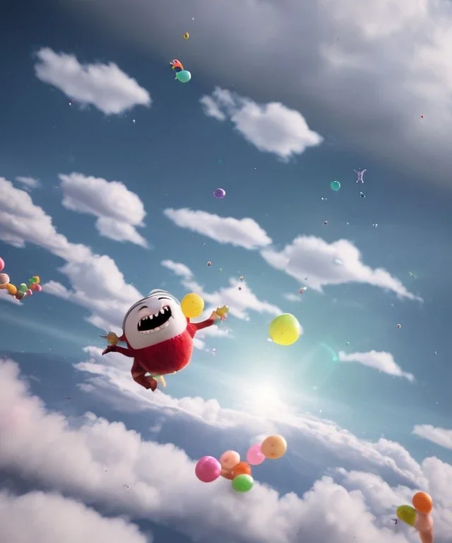 Ultra realistic speed clouds sky scene, wide angle view, child falling down with many Children background, inflatable monsters, circus dress style, feather color, free jumping flying, many trinkets, hair monster, many jelly beans, balls, color smoke, smile, happy, extreme, wind, clouds sea, 20,000 feet altitude, stratosphere, soft color, highly detailed, unreal engine 5, ray tracing, RTX, lumen lighting, ultra detail, volumetric lighting, 3d, finely drawn, high definition.