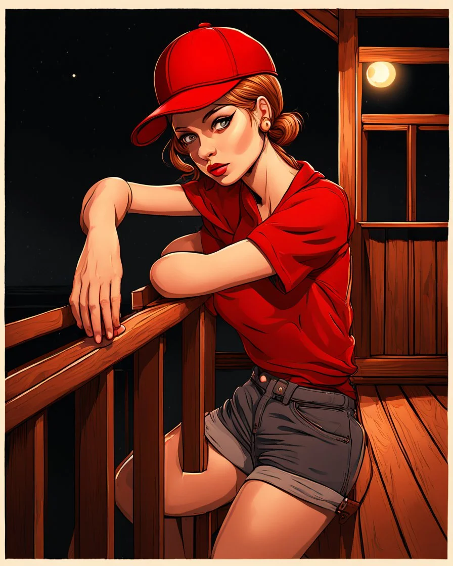 woman with a red baseball hat. leaning on a wooden balcony. night time. fantasy. cartoon. studio lightining.