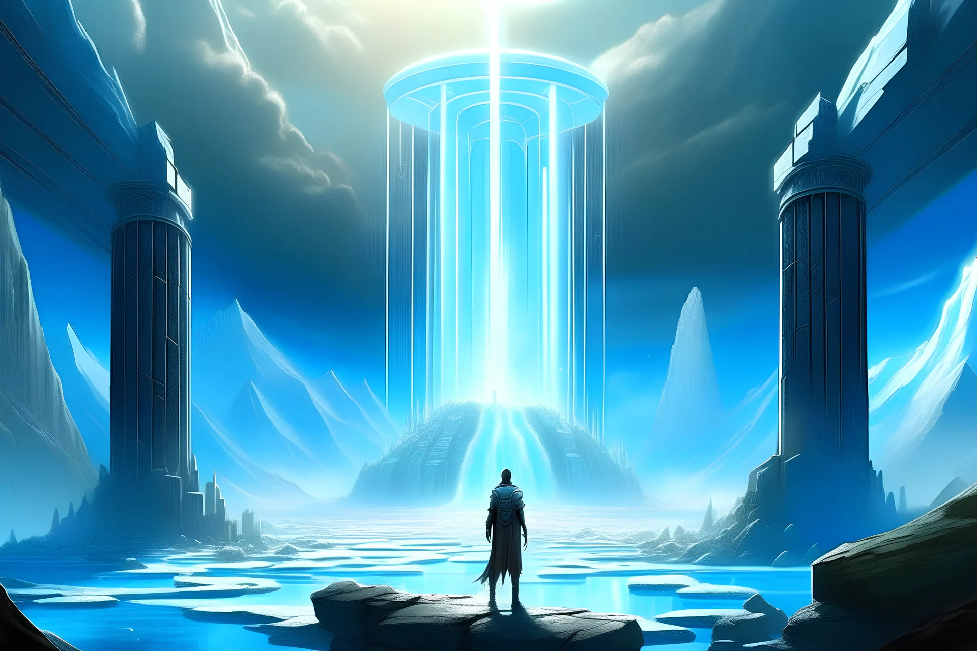 un grand homme aux cheveux brun et à la barbe noir est au milieu d'un cercle de cristaux de roche bleus et blancs flotte dans le ciel entouré d'un puissant faisceau lumineux, cité perdue d'atlantis, il y a plusieurs colonnes reliés du ciel à la terre contenant des gravures celtiques avec des flammes blanches à leurs éxtrémités, présence d'ange