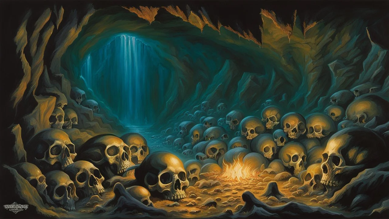 Underground cave full of bones. Painted by Jeff Easley