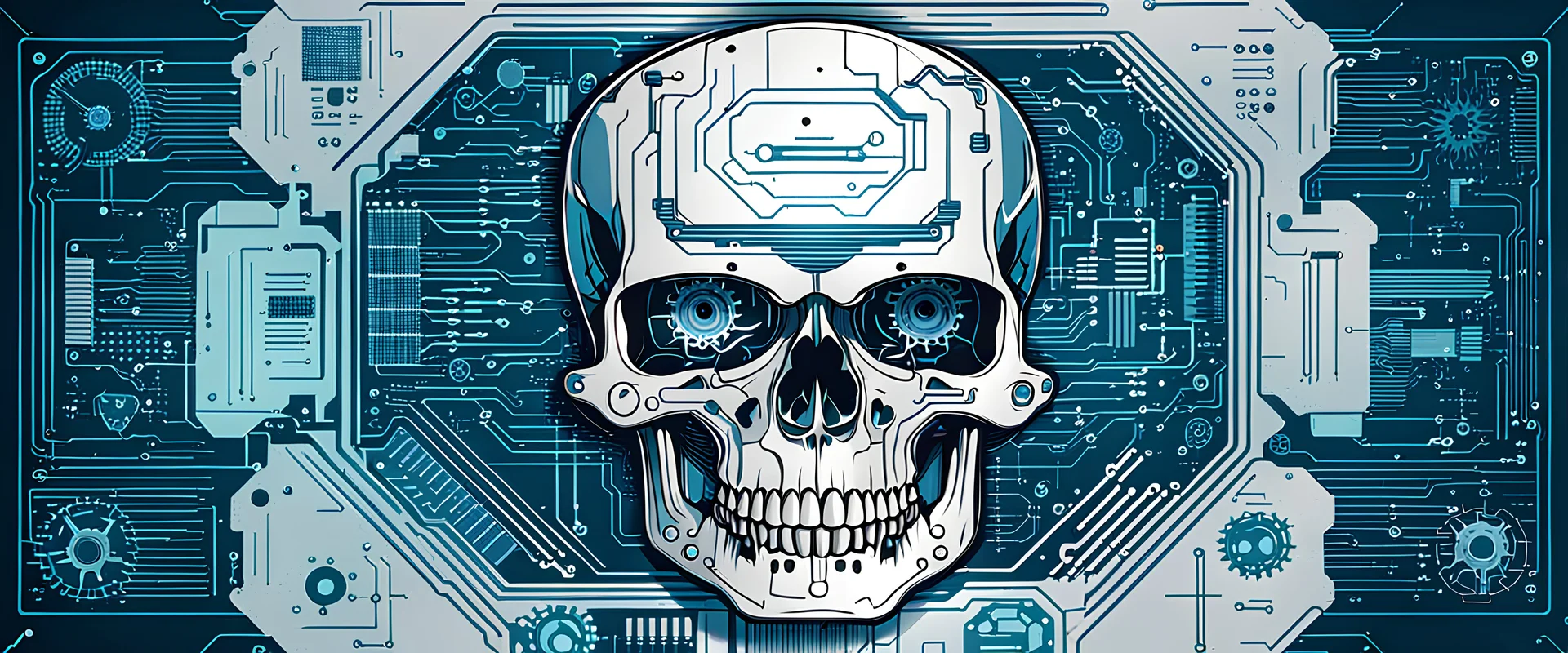 FLAT VECTOR LAYERED IMAGE OF CYBERNETIC SKULL PARTS IN A SCHEMATIC