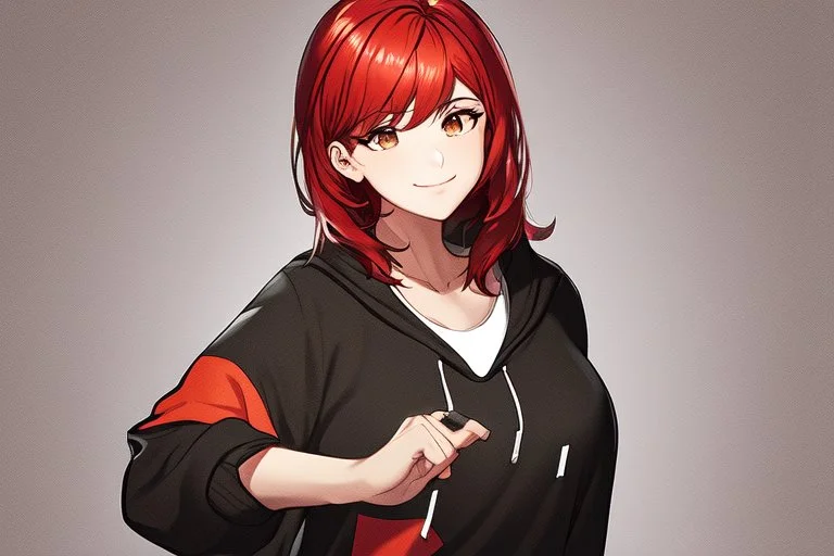 An anime young adult female with medium length red hair, brown eyes, wearing a black hoodie, realistic, slight smile