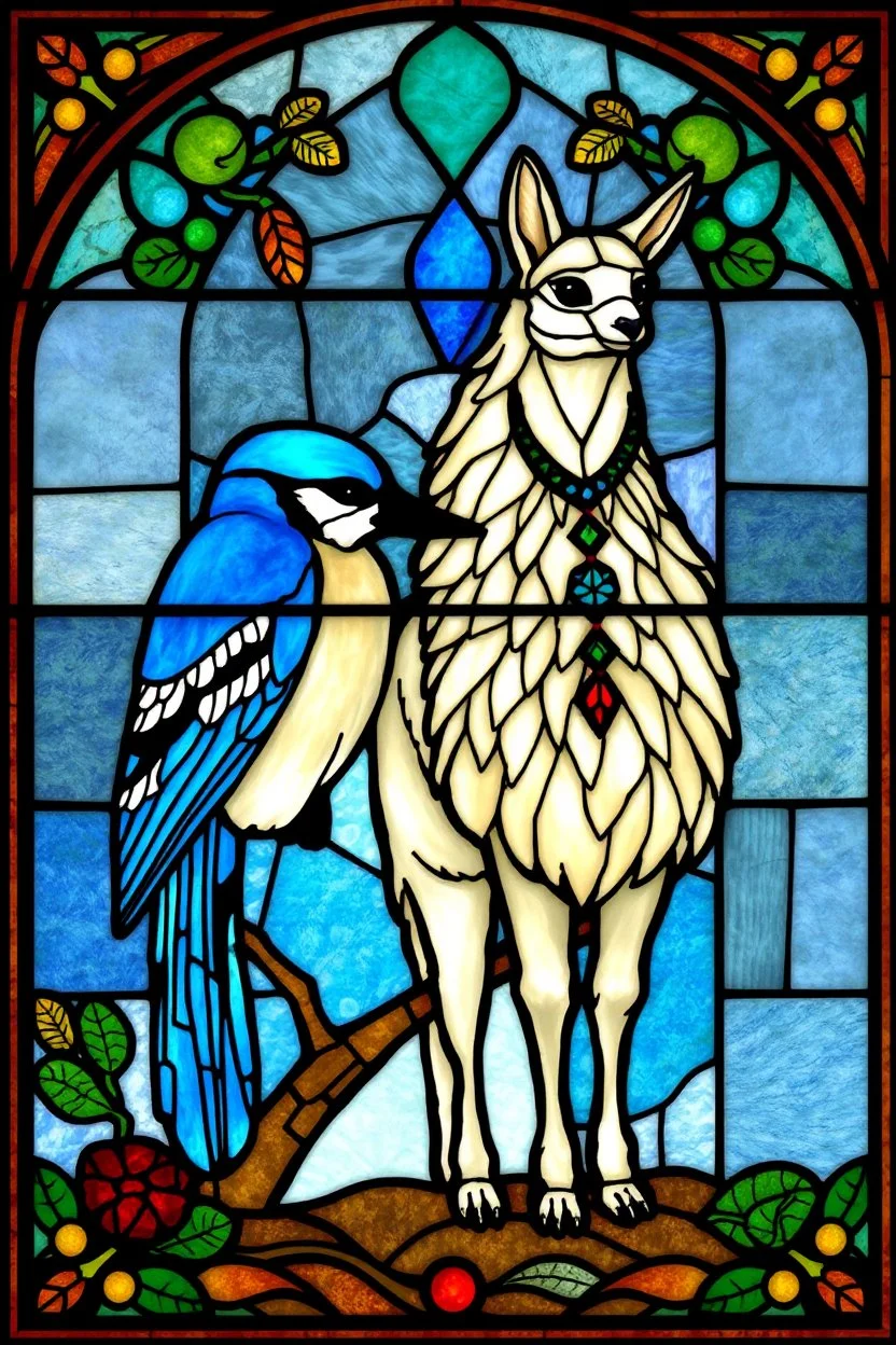 vitrail d'un geai bleu et d'un lama art déco d'après mucha