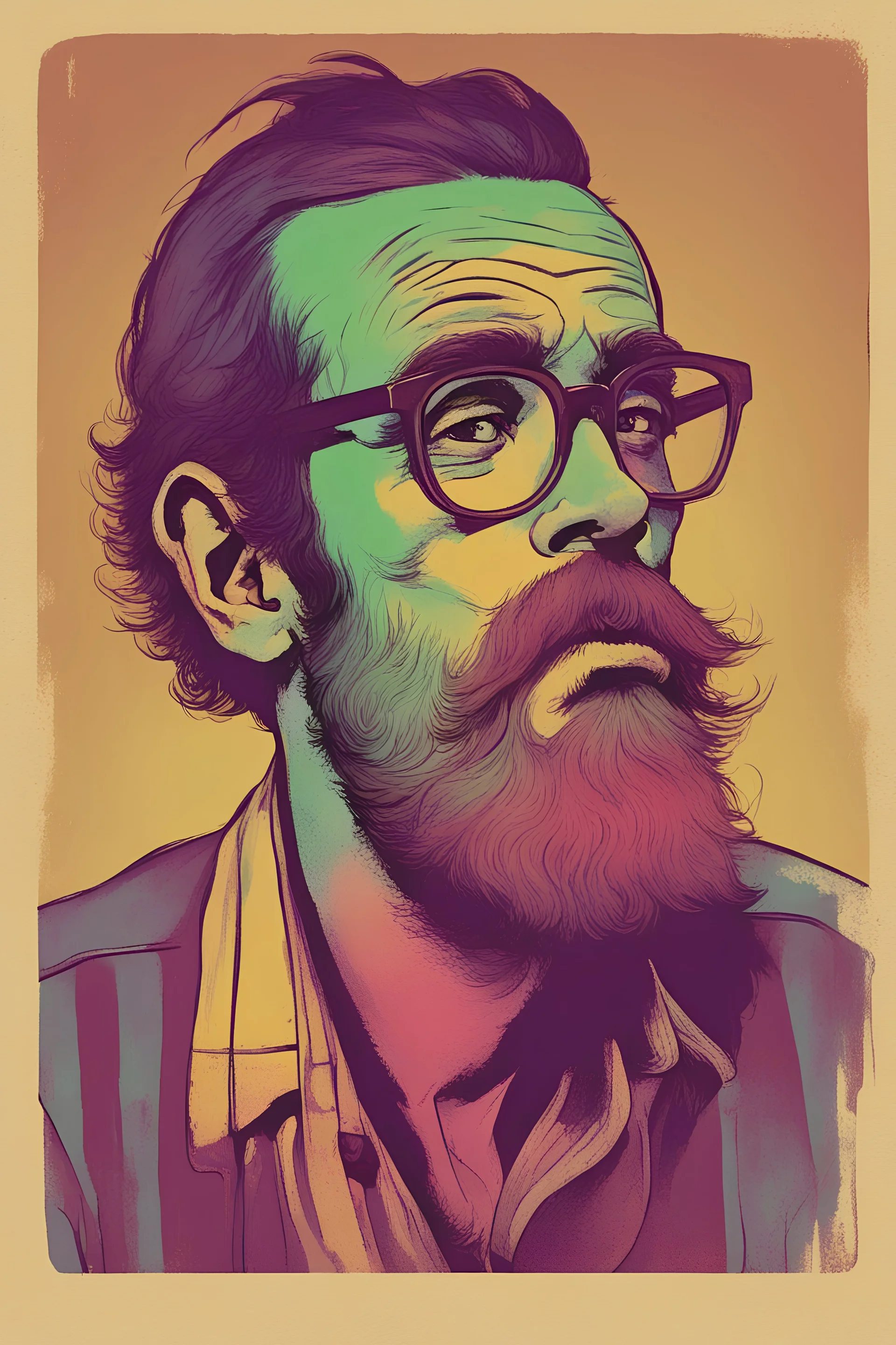 bohemian young ugly, strange not pretty, deformed man with Parisian bohemian look and glasses of colours and poor and short short short and poor hair on the head with receding hairline. Farsightedness glasses with big eyes. Shirt beard in the head. Vintage look and feel like photo style-of the 70s