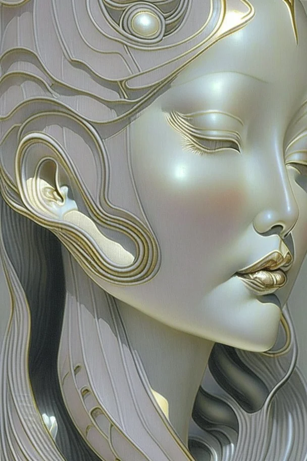 woman's face, half view, greyish colors, by artist "gilded melted bubblewarp";by artist "erte";by artist "michelangelo da vinci";by artist "lalique";by artist "hector guimard" ;character design by artist "emshwiller sol";by artist "fan ho"