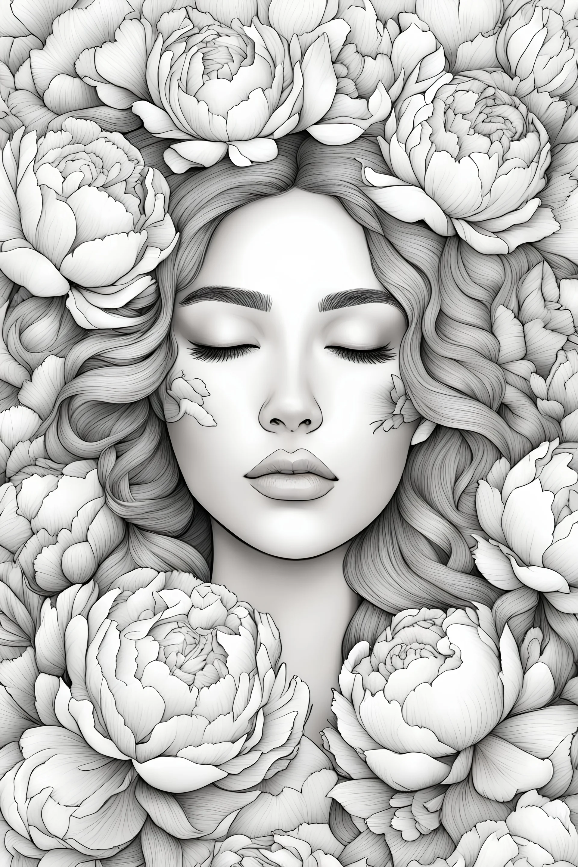 young woman, coloring page of a beautiful bouquet of peonies all around her face, her eyes are closed and dreaming peacefully, only her face shows, her face fully covered by the bouquet of peonies, use black outline with a white background, clear outline, no shadows, some colors