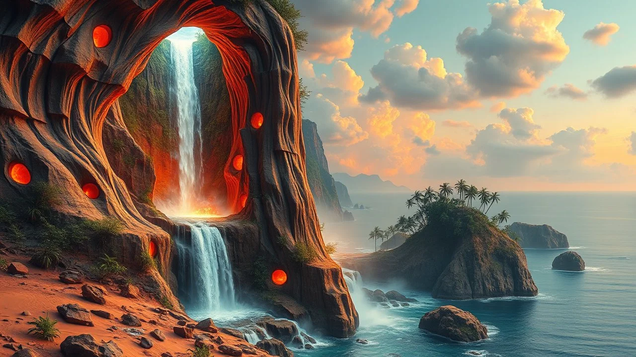 waterfall full of holes with various jungle flowing spiral cloud neon colorful Unique open cliff burning rippled surrealistic artwork with shiny shackled by cliff and sea island, while holding a waterfall doing pulling, the open cavity inside the body is a scene of an ancient Egyptian painting in the Gesang desert 5D diorama, with seven open panels revealing a forest with a thousand shadows, giving a triple exposure effect on a Balinese girl and her telepathy waves with magic breast milk