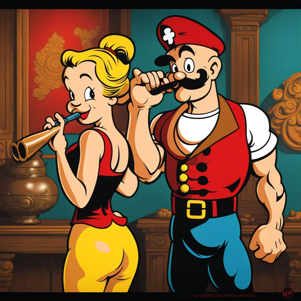 Popeye con pipa de fumar y su novia Oliva, arte estilo pop, calidad ultra, hiperdetallado, 64k, full body