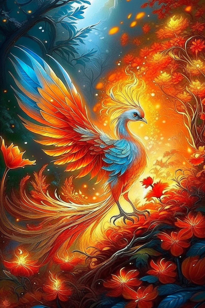 a firebird, fiery feathers that shine with silver and gold, burn with fire, a long sparkling tail burns with fire, wings like tongues of flame, eyes glow like crystals, an unusual fiery light reflects its belonging to another non-human world, in a faraway kingdom in a beautiful garden, rejuvenating apples grow in the garden, realism, light, highlights magic