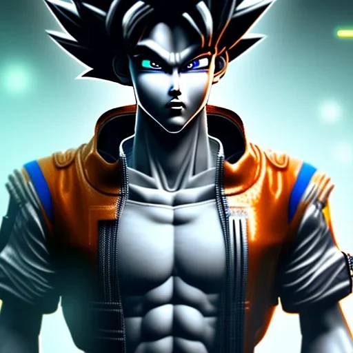 Son-goku in a cyberpunk setting, cyber punk, close-up face, extreme details, realistic, unreal engine