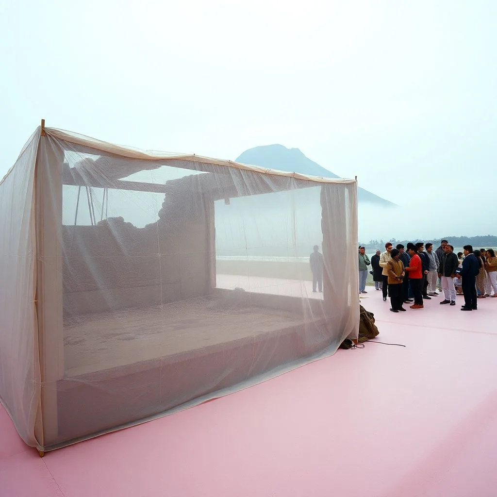A Hasselblad H6D-400c photo of an odd room with structures. A transparent tarpaulin covers an image resembling a ruined building. There is a group of people in the background and a high hill in the distance. The surface below is in a pastel color. Fog is present.