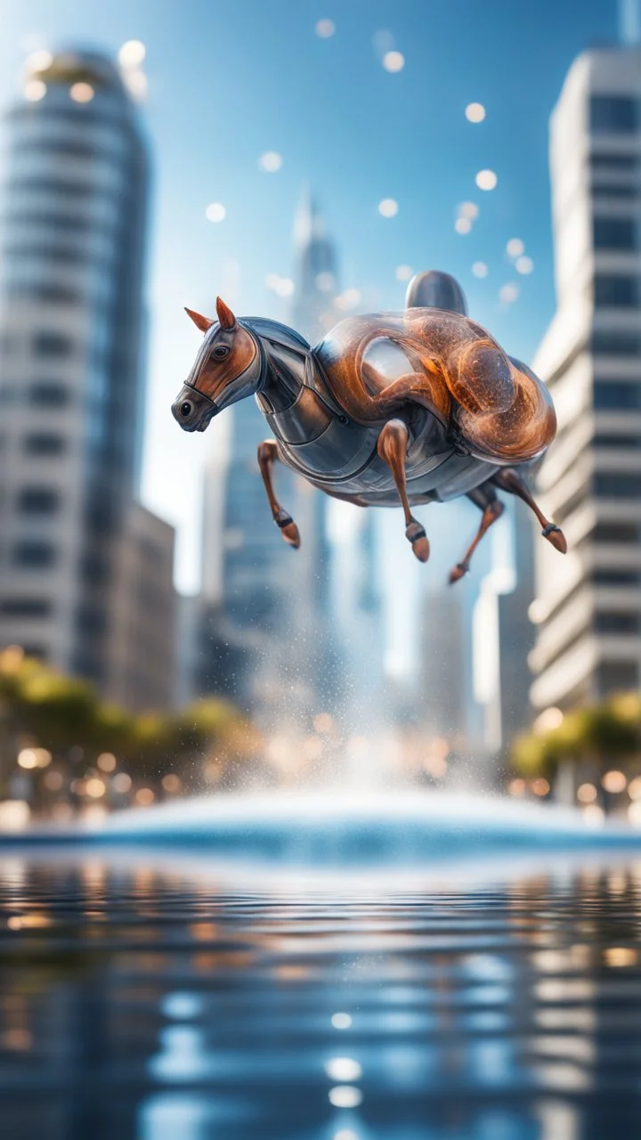 motion blur, high speed transparent ant horse train space ship above sky scrapers in fountain in the style of Escher, bokeh like f/0.8, tilt-shift lens 8k, high detail, smooth render, down-light, unreal engine, prize winning