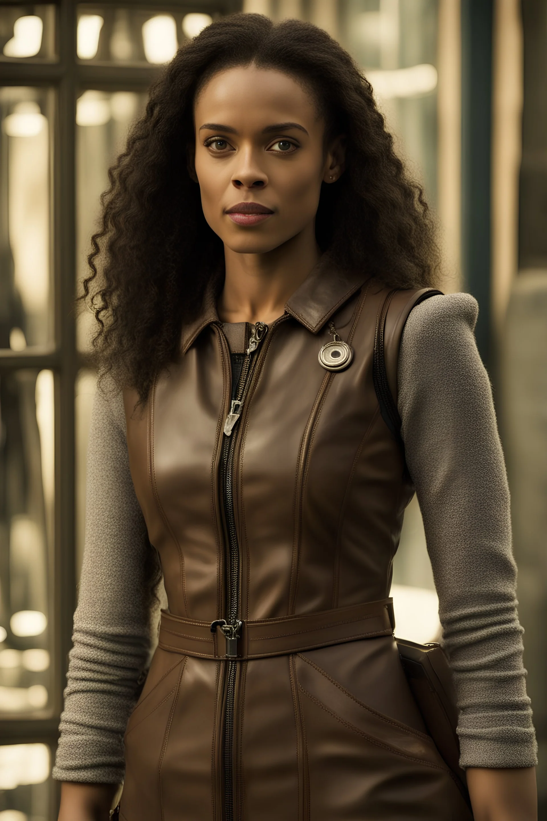 Maisie Richardson-Sellers as Matilda Harris, Doctor Who companion, sleeveless leather catsuit, stepping outside the TARDIS.