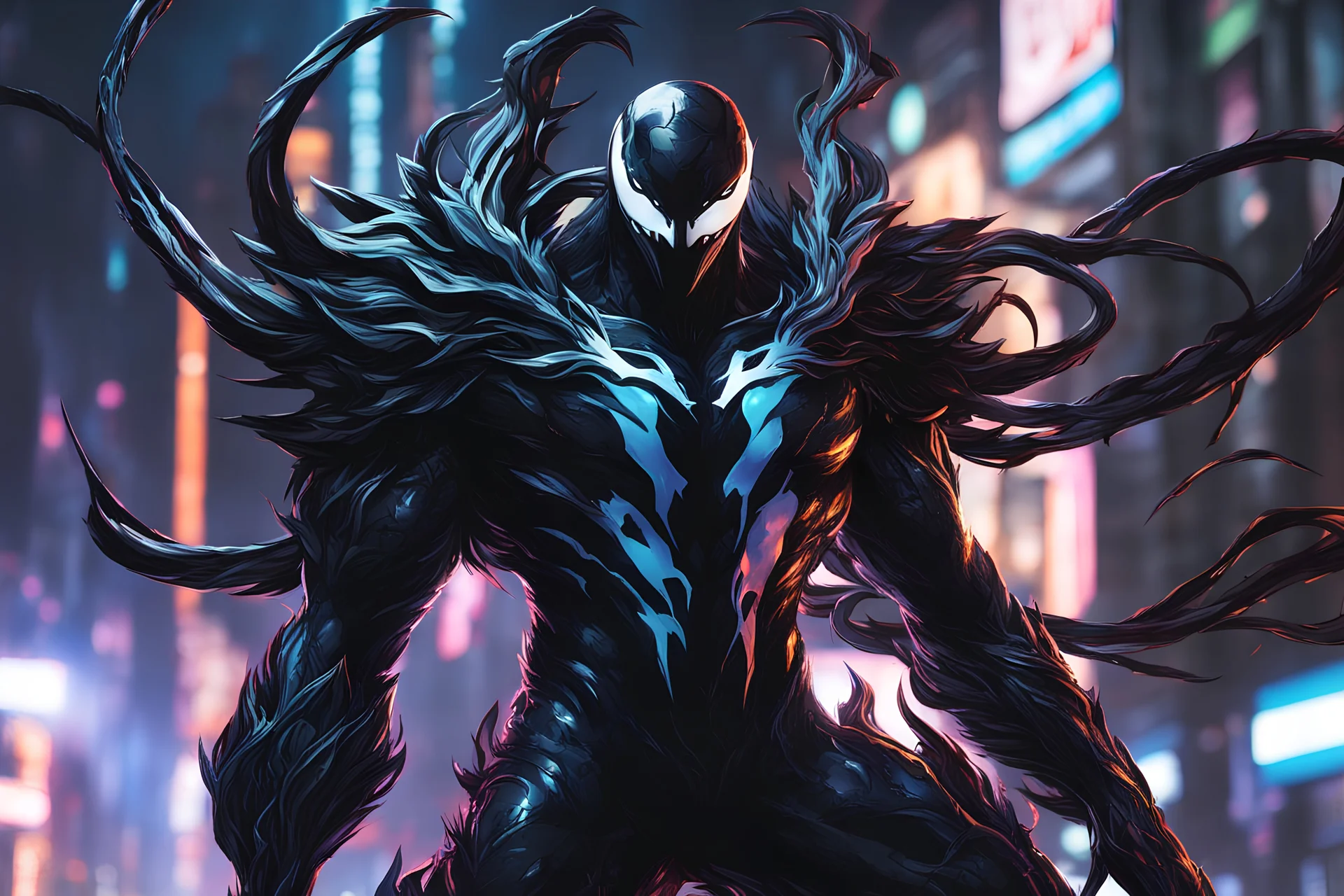Venom kindred in 8k solo leveling shadow artstyle, machine them, close picture, rain, neon lights, intricate details, highly detailed, high details, detailed portrait, masterpiece,ultra detailed, ultra quality