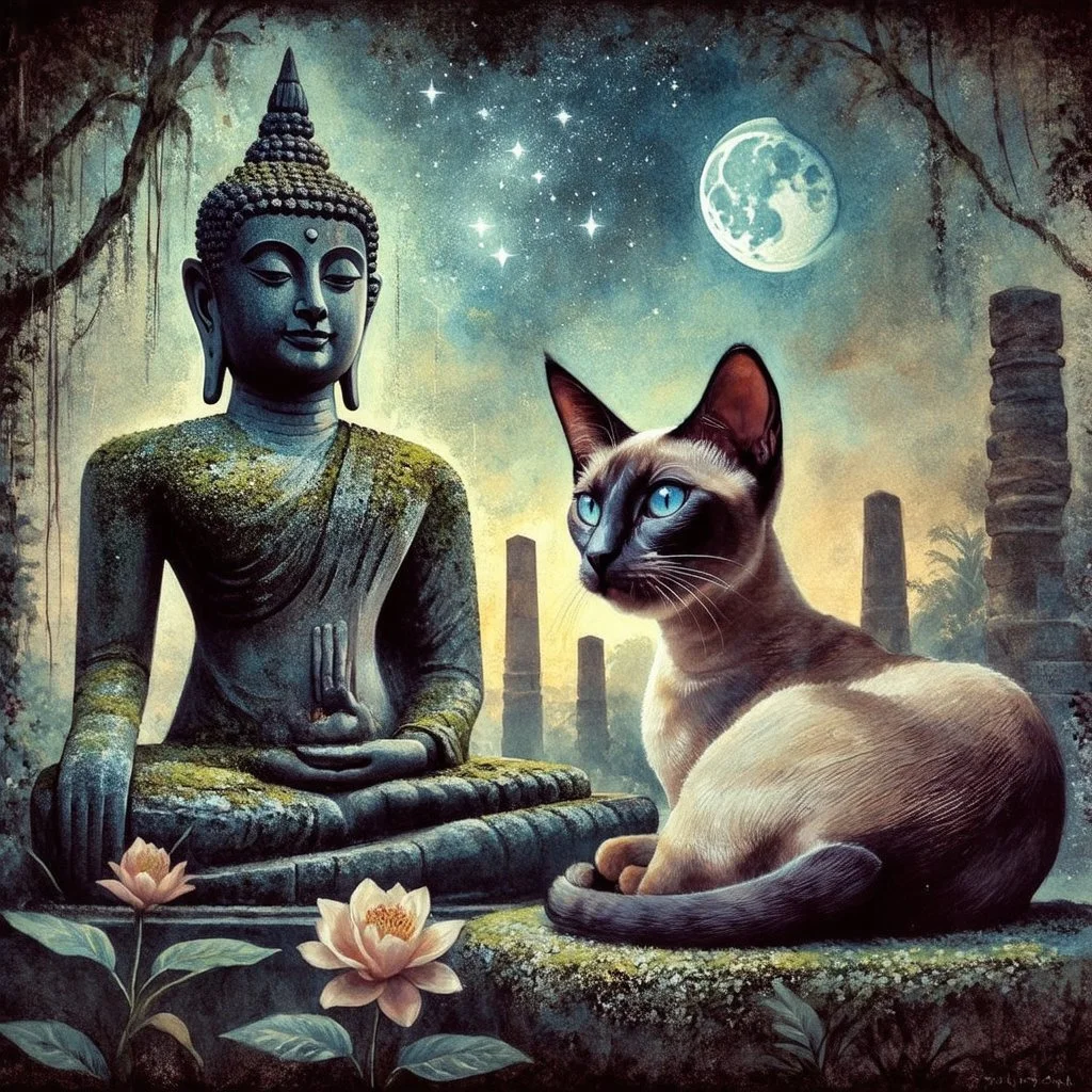 Surreal mixed-media combining wet watercolor, tempera paint, and fine line pen drawing of a stunning, slender, elegant, blue eyed, slender Siamese cat. Chocolate point. wedge shaped face, large ears. laying in the lap of a statue of mossy, old stone Buddha, on the grounds of a Thai temple, among vegetation and flowers, at dusk with shining stars and crescent moon in background. Dark overlay texture