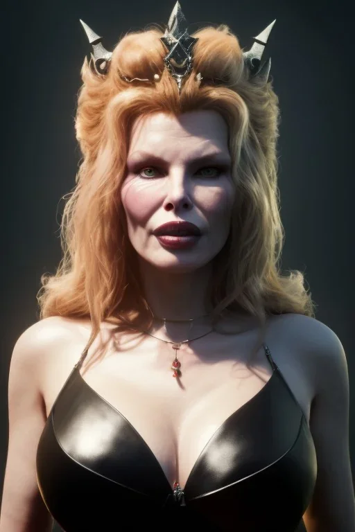 Kim Basinger as evil queen in black leather, busty, cleavage, curvy, angry, happy, stern look. character design by cory loftis, fenghua zhong, ryohei hase, ismail inceoglu and ruan jia. unreal engine 5, artistic lighting, highly detailed, photorealistic, fantasy