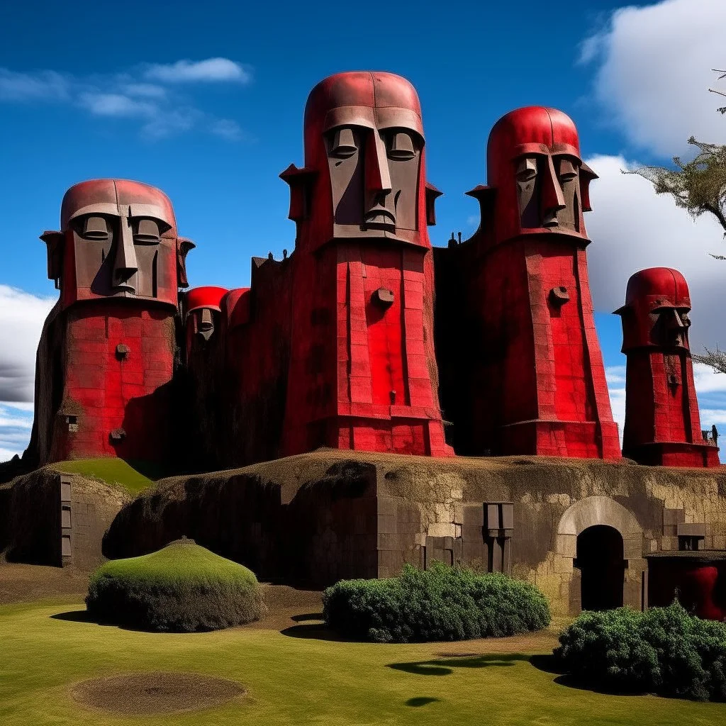 A dark red vampiric fortress designed in Moai statues painted by Salvador Dali