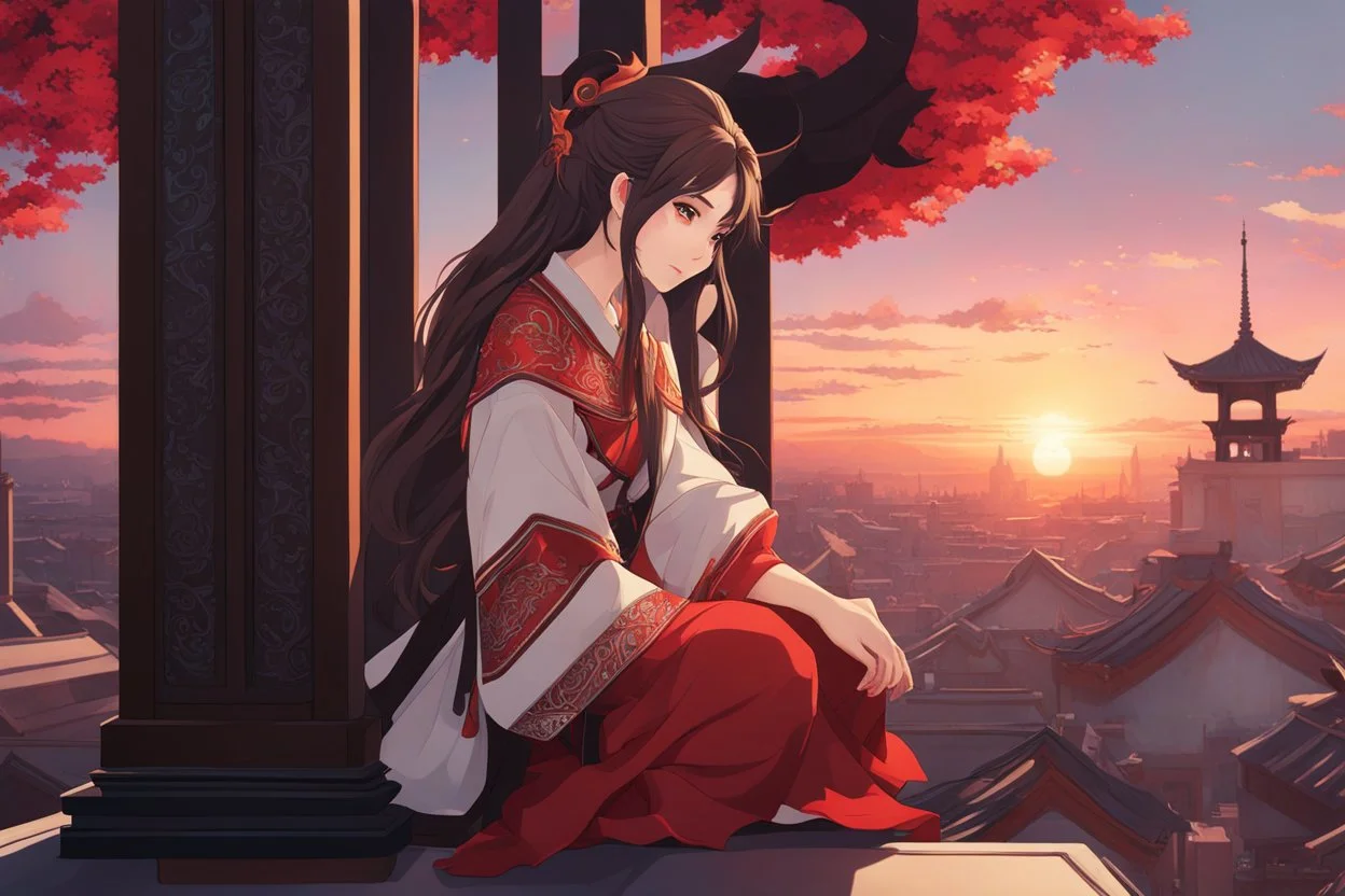 a young woman with long brown hair, red eyes, pale skin, wearing Genshin Impact inspired clothing, highly detailed, intricate background, sitting on rooftop during sunset, contemplative